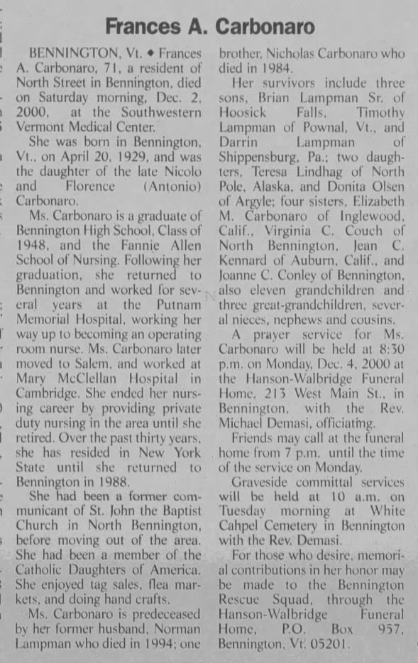 Frances (Lampman) Carbanero obit
